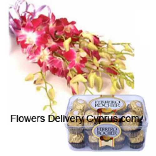 Bunch Of Pink Orchids With Seasonal Fillers Along With 16 Pcs Ferrero Rochers