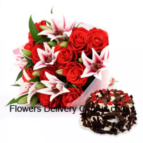 A Beautiful Hand Bunch Of Pink Roses And Pink Lilies Along With 1 Kg (2.2 lbs) Chocolate Crisp Cake (Please note that cake delivery is only available for Metro Manila Region. Any cake delivery orders outside Metro Manila will be substituted with Chocolate Brownie Cake without cream or the recipient shall be offered a Red Ribbon Voucher enough to buy the same cake) (Please note that cake delivery is only available for Metro Manila Region. Any cake delivery orders outside Metro Manila will be substituted with Chocolate Brownie Cake without cream or the recipient shall be offered a Red Ribbon Voucher enough to buy the same cake)