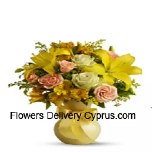 Orange Roses, White Roses, Yellow Gerberas And Yellow Tulips With Some Ferns In A Glass Vase - Please Note That In Case Of Non-Availability Of Certain Seasonal Flowers The Same Will Be Substituted With Other Flowers Of Same Value
