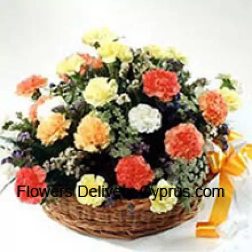 Basket Of 24 Mixed Colored Carnations With Seasonal Fillers