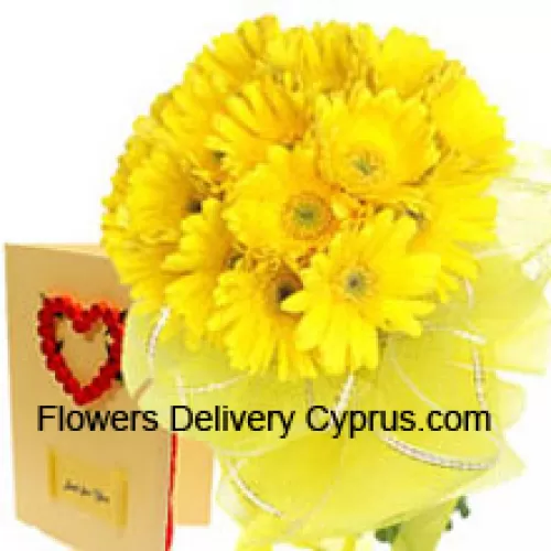 Bunch Of 18 Yellow Gerberas With A Free Love Greeting Card