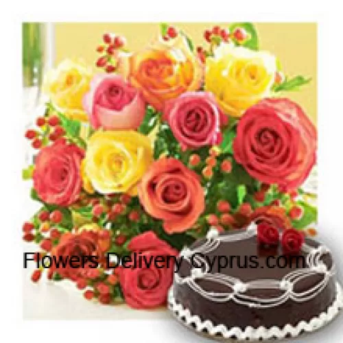 Bunch Of 12 Mixed Colored Roses With Seasonal Fillers and 1/2 Kg (1.1 Lbs) Chocolate Truffle Cake