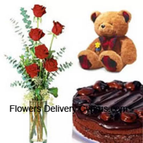 6 Roses rouges dans un vase avec 1/2 kg (1,1 lb) de gâteau au chocolat et un ours en peluche de taille moyenne