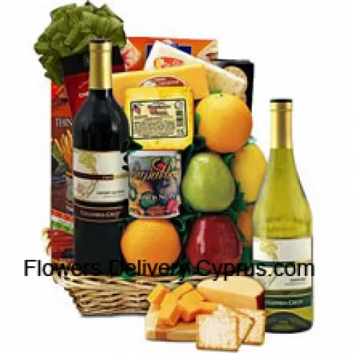 This Gift Basket includes Columbia-Crest cabernet sauvignon red wine, Columbia-Crest Chardonnay white wine, 6 pieces of orchard fresh fruit, Monterey Jack cheese, Colby Cheddar, Muenster cheeses, Barber cream crackers, Monet crispy crackers, Imported traditional Italian breadsticks, Salem Baking Co. cheese straws, Chio stickletti pretzel sticks and Deluxe mixed nuts in a gift tin. (Contents of basket including wine may vary by season and delivery location. In case of unavailability of a certain product we will substitute the same with a product of equal or higher value)