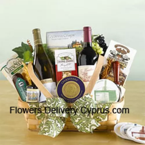 This Father's Day Gift Basket includes two California Red Wine, cheese, crisp crackers, pistachios, nuts, salami, chocolate chip cookies, a Napa Valley mini mustard, and a set of coasters along with a keepsake cheese spreader.  (Contents of basket including wine may vary by season and delivery location. In case of unavailability of a certain product we will substitute the same with a product of equal or higher value)