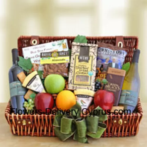 This Father's Day Gift Basket includes Fresh fruits, such as crisp apples and juicy oranges, two organic creamy cheeses and stone ground crackers, two bottles of organic wine, premium roasted organic almonds, a bag of crispy chips and delicious Shortnin’ bread cookies. (Contents of basket including wine may vary by season and delivery location. In case of unavailability of a certain product we will substitute the same with a product of equal or higher value)