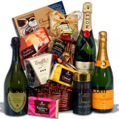 This Thanks Giving Gift Basket Includes Moet & Chandon White Star Champagne - 750 ml, Veuve Clicquot Ponsardin Yellow Label - 750 ml, Dom Perignon - 750 ml, Champagne Trufflz by Marich, Toasted Almond Chocolate Lace by Hauser Chocolatier, Dark Raspberry Truffle Bar by Lake Champlain Chocolates,  Milk Caramel Truffle Bar by Lake Champlain, Truffles Fantaisie by Guyaux Chocolatier, Champagne Sticks by Sweet Candy, Chocolate Fruit Medley in Colored Shells by Marich And Chocolate Wafer Rolls by Dolcetto. (Contents of basket including wine may vary by season and delivery location. In case of unavailability of a certain product we will substitute the same with a product of equal or higher value)