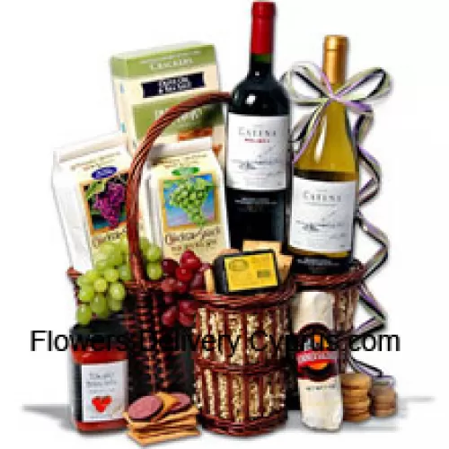 This Chinese New Year Gift Basket Includes Catena Malbec Mendoza - 750 ml, Catena Chardonnay Mendoza - 750 ml, Hors Doeuvre Deli Style Crackers by Partners, Hickory & Maple Smoked Cheese by Sugarbush Farm, Butcher Wrapped Summer Sausage by Sparrer Sausage Co,  Tomato Bruschetta by Elki, White Wine Biscuit by American Vintage and Red Wine Biscuit by American Vintage. (Contents of basket including wine may vary by season and delivery location. In case of unavailability of a certain product we will substitute the same with a product of equal or higher value)